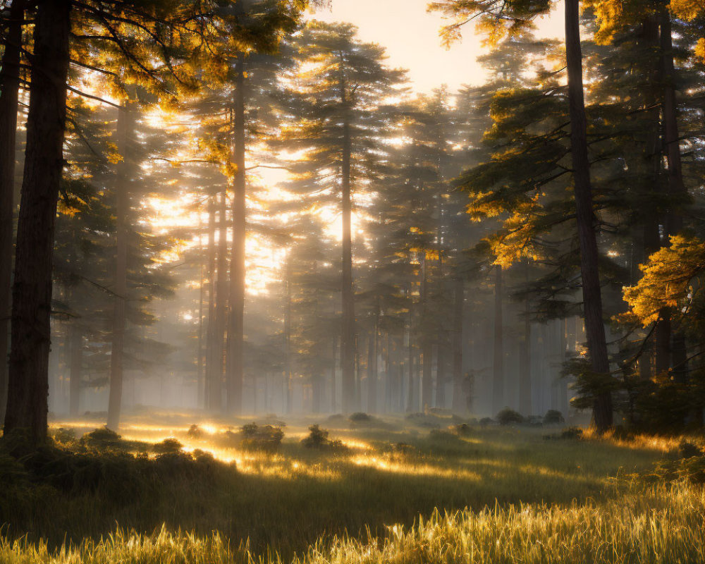 Tranquil forest landscape with sunlight filtering through tall trees