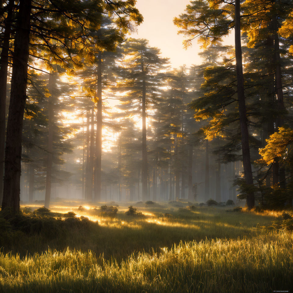 Tranquil forest landscape with sunlight filtering through tall trees