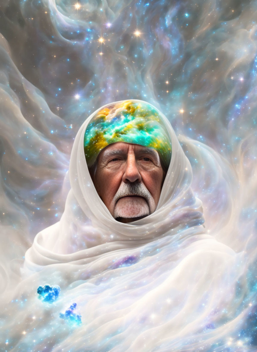 Bearded man in cosmic scenery with planet head surrounded by stars