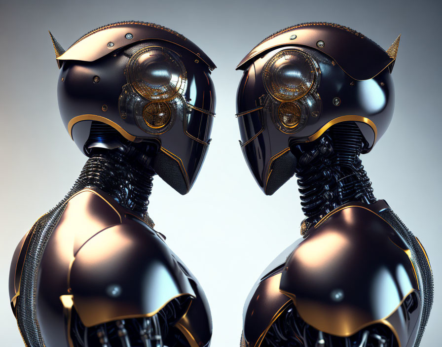 Futuristic black and gold robotic heads with glowing eyes on neutral background