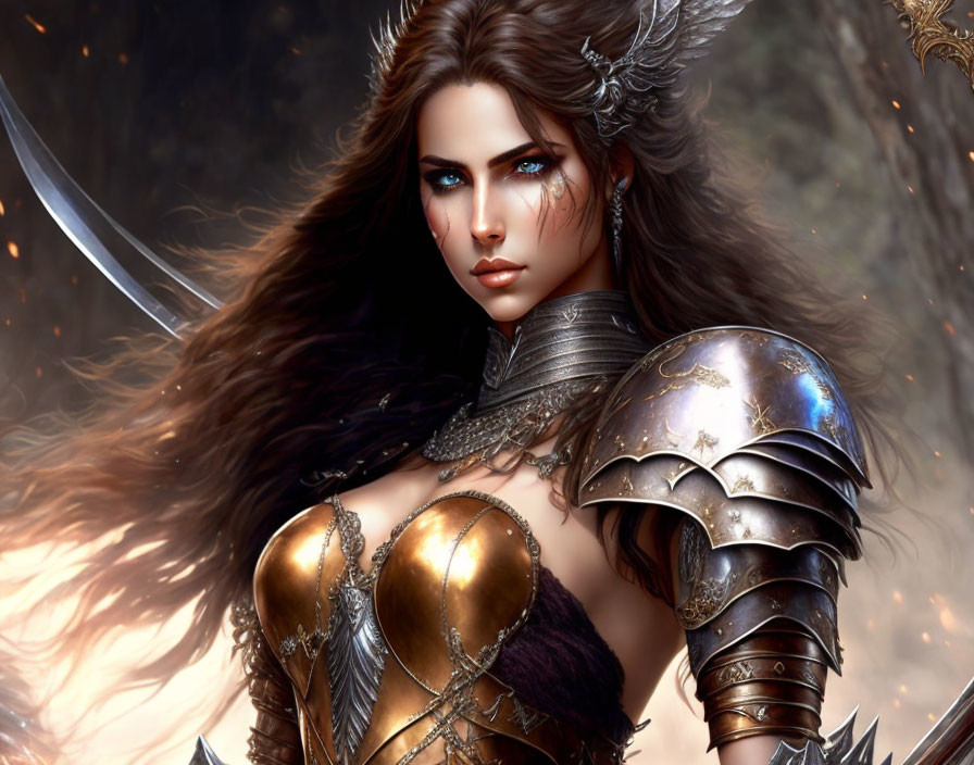 Warrior woman digital artwork in fantasy armor with sword, mystical forest background