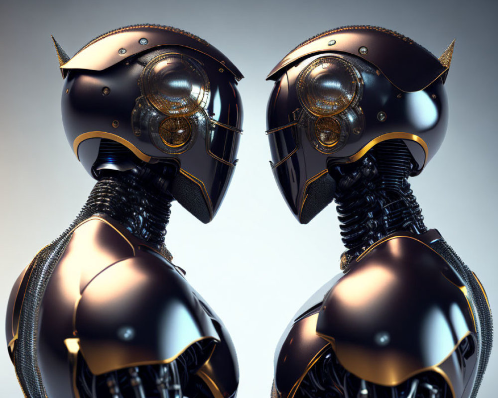 Futuristic black and gold robotic heads with glowing eyes on neutral background