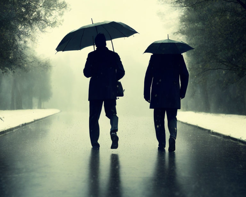 People walking under umbrellas on tree-lined path on foggy, rainy day