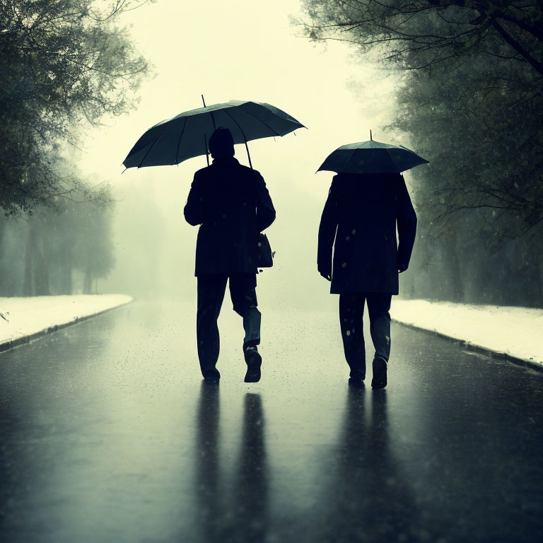 People walking under umbrellas on tree-lined path on foggy, rainy day