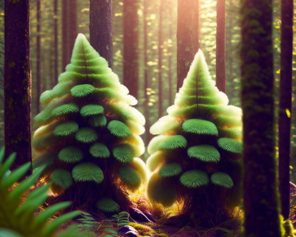 Sunlit forest scene with moss-covered pine trees