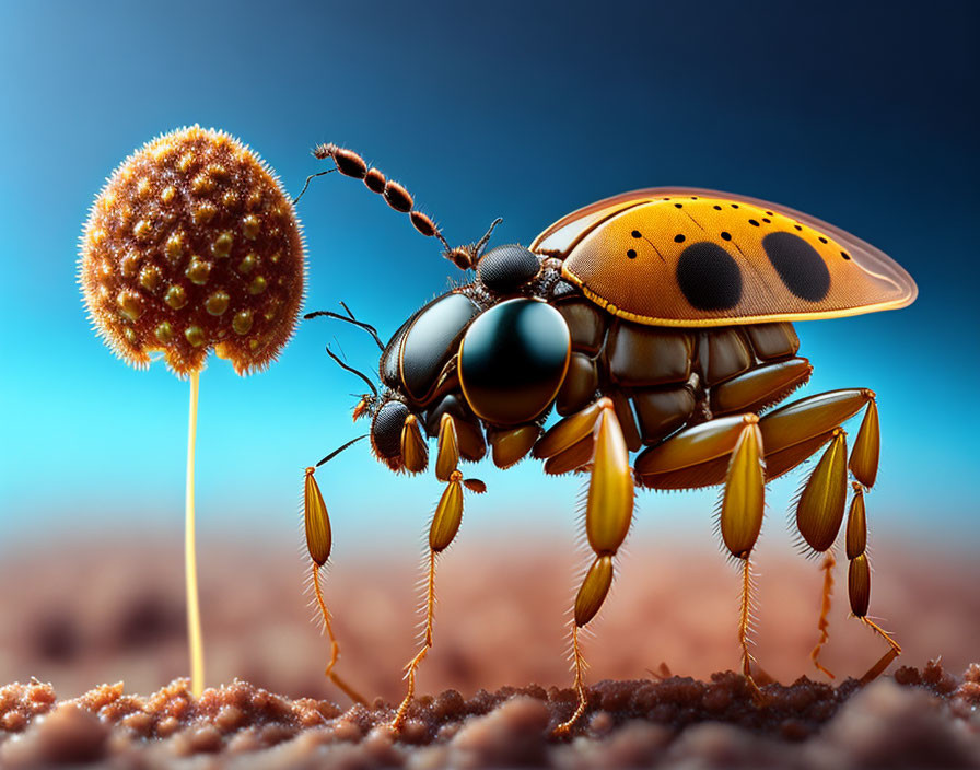 Detailed digital illustration: Ladybug on soil with dandelion seed.