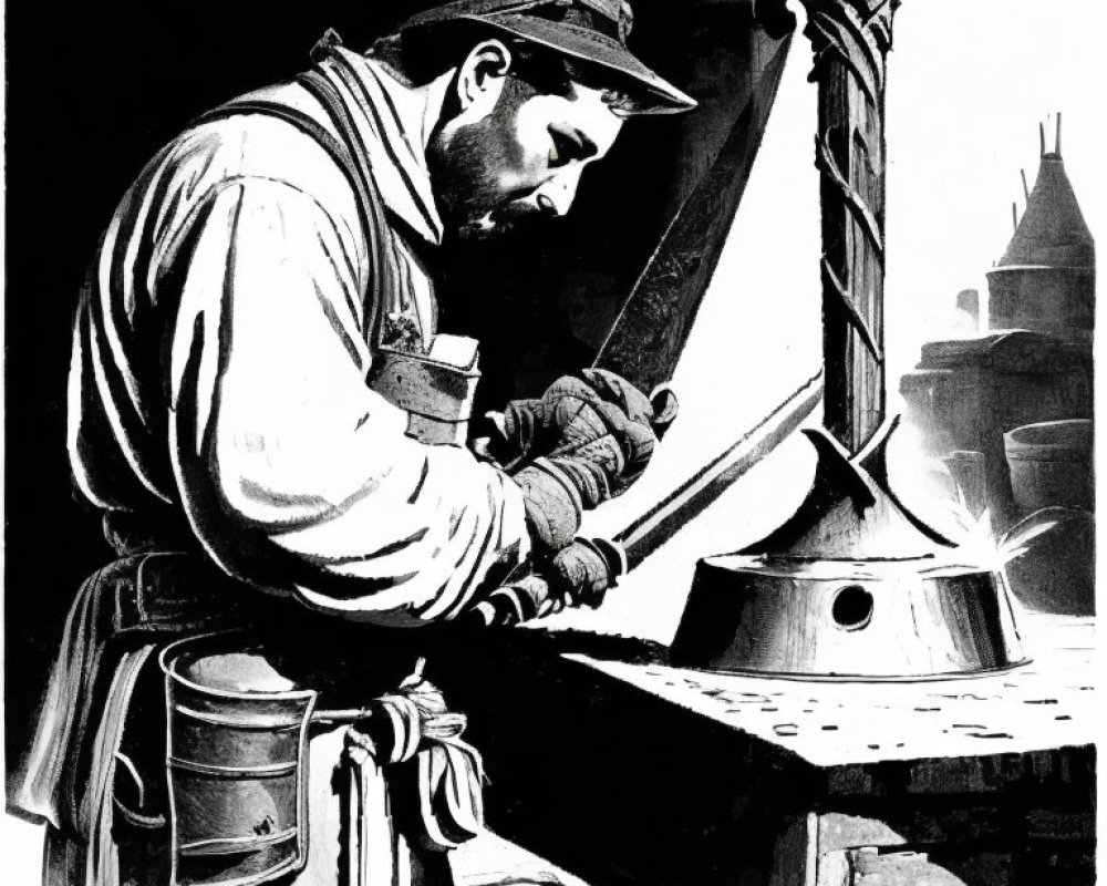 Monochrome illustration of worker welding metal on an anvil