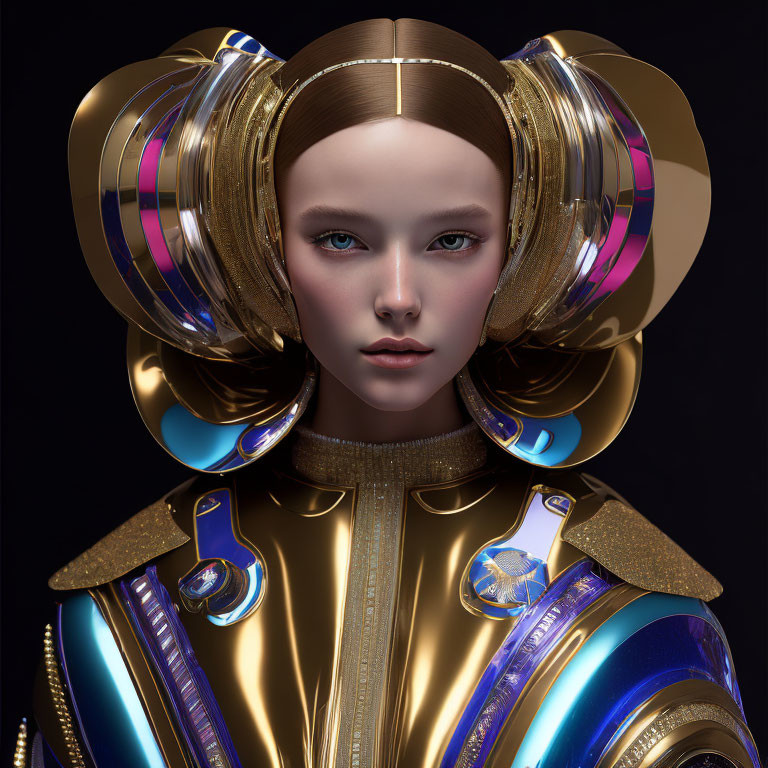 Futuristic digital artwork of female figure in gold and blue attire