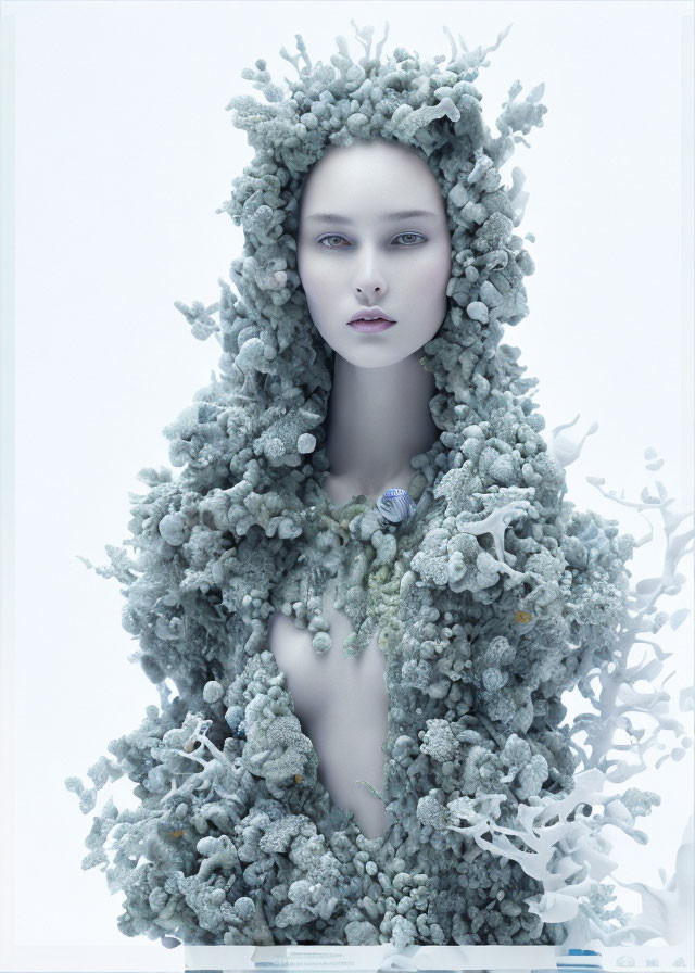 Pale woman with coral-like cloak on ethereal backdrop