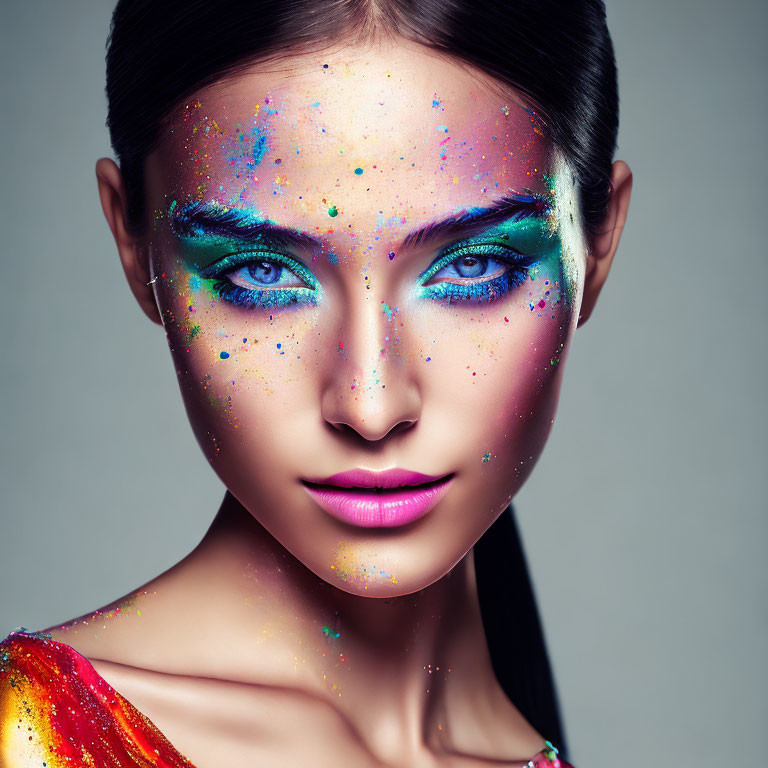 Colorful Makeup Art on Woman with Blue Eyes and Magenta Lips