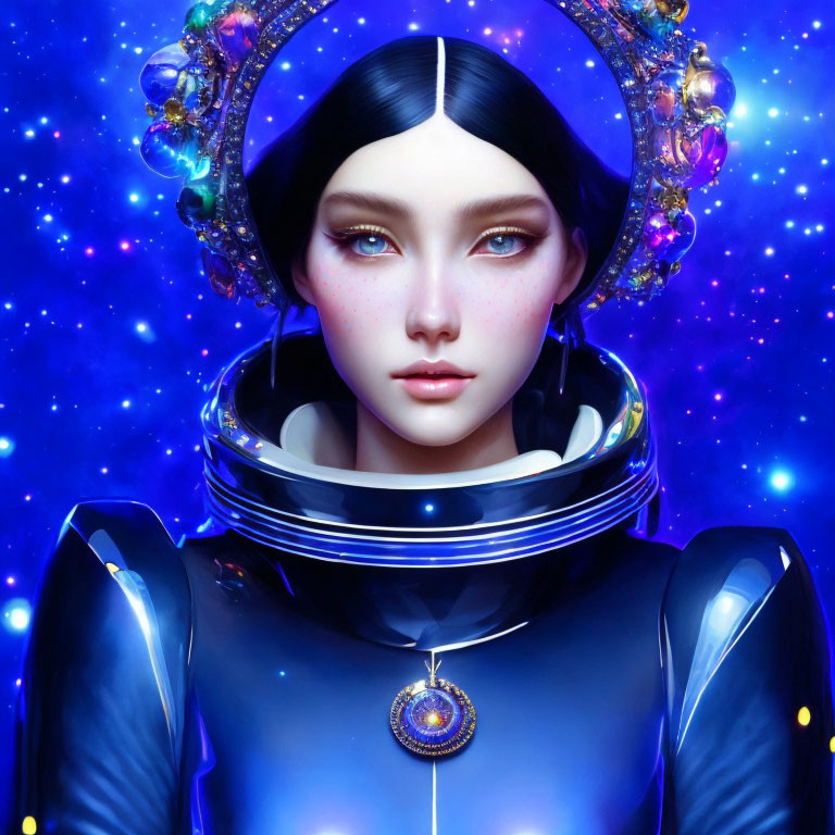 Futuristic digital artwork of pale-skinned woman in space attire