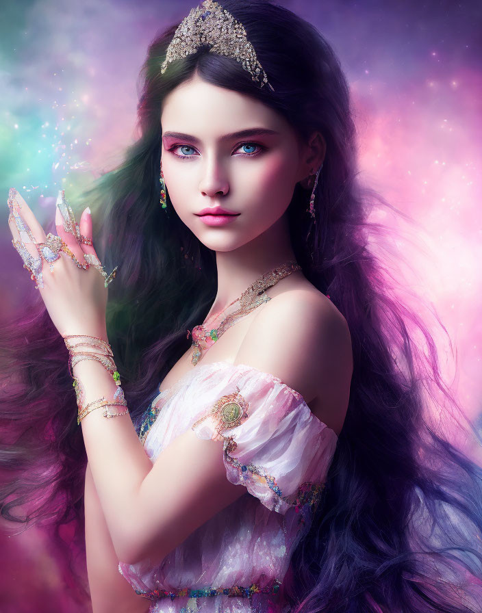 Woman with Long Purple Hair and Blue Eyes in Elaborate Jewelry Against Colorful Nebula Backdrop