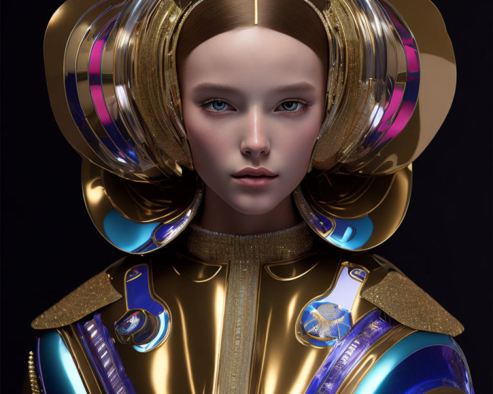 Futuristic digital artwork of female figure in gold and blue attire