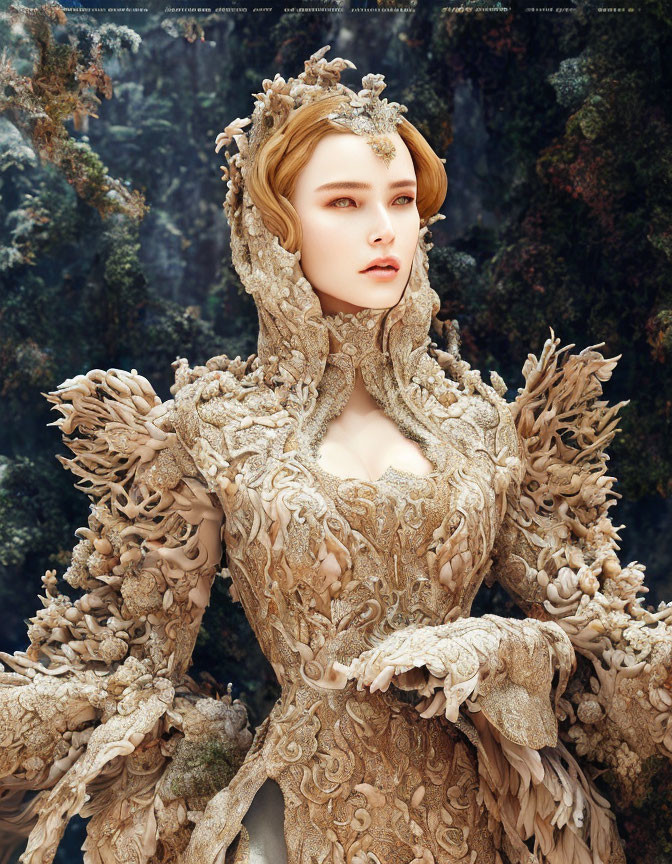 Intricate Golden Gown Worn by Woman in Forest Setting