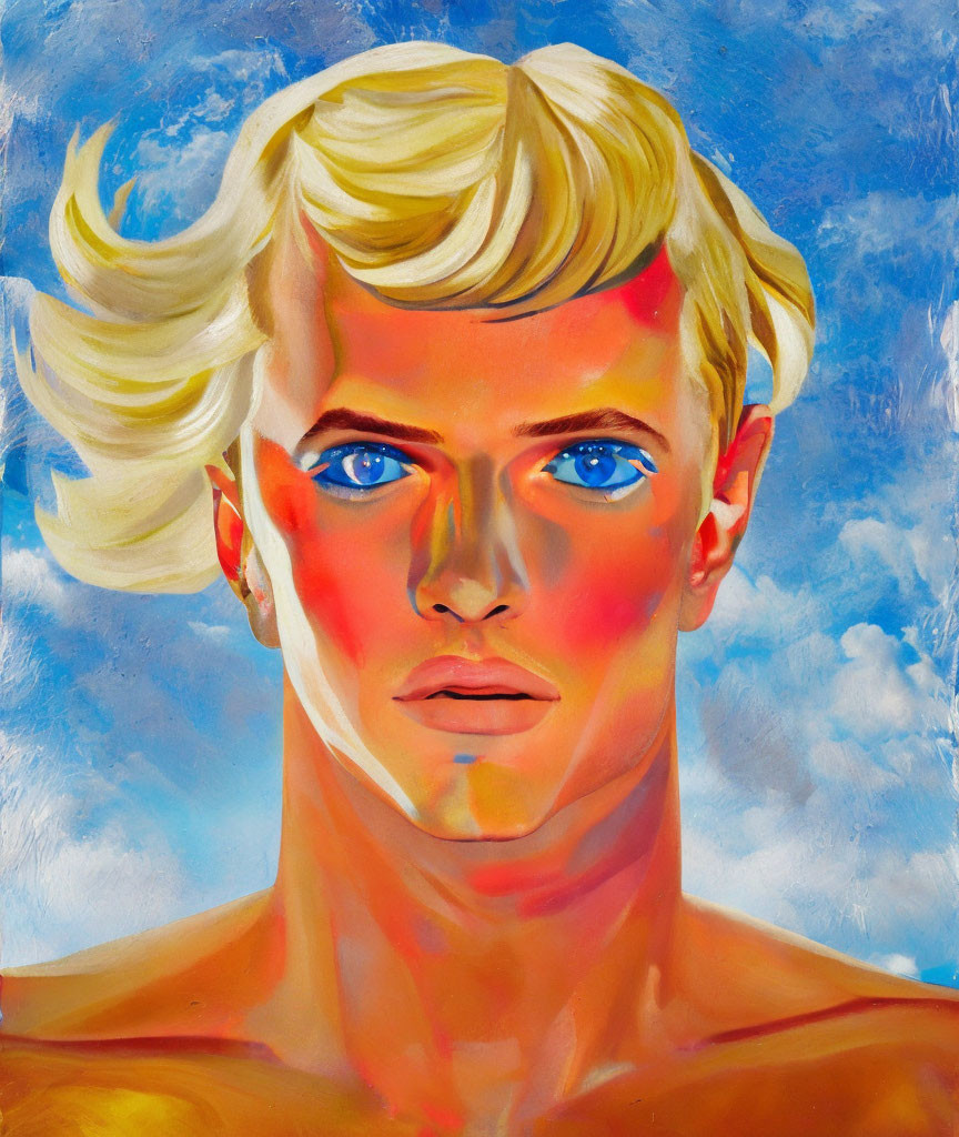 Portrait of person with blue eyes, blond hair, red cheeks against blue sky.