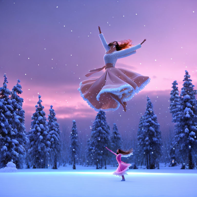 Digital illustration of woman dancing in snow-covered landscape with pine trees under twilight sky