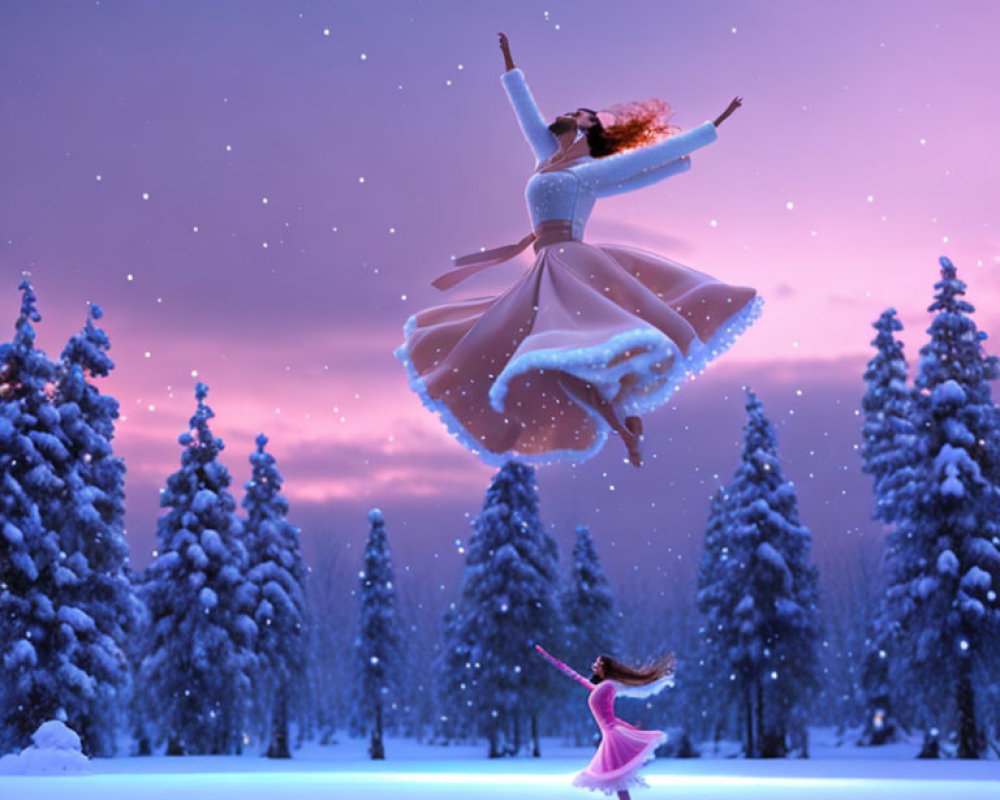 Digital illustration of woman dancing in snow-covered landscape with pine trees under twilight sky