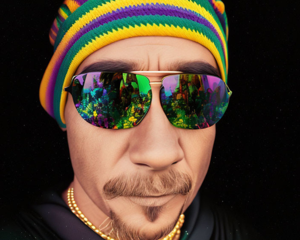 Colorful Beanie and Reflective Sunglasses on Bearded Person