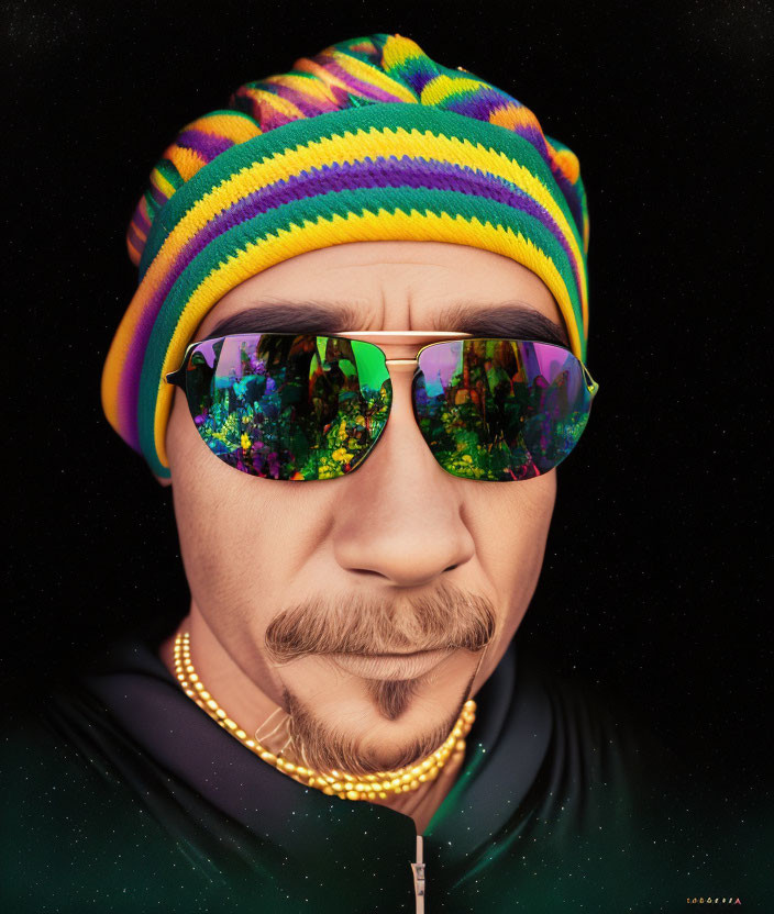 Colorful Beanie and Reflective Sunglasses on Bearded Person