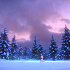 Digital illustration of woman dancing in snow-covered landscape with pine trees under twilight sky