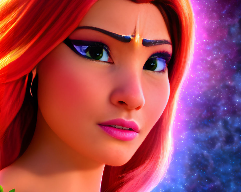 Close-Up of 3D Animated Female Character with Orange Hair and Cosmic Background