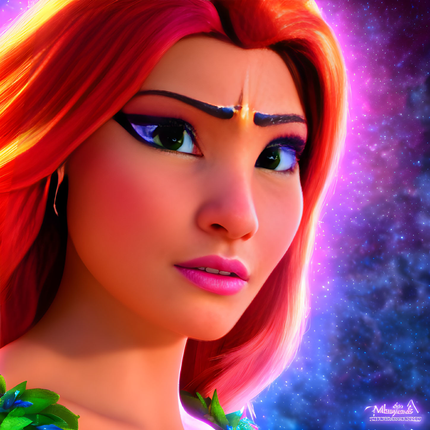 Close-Up of 3D Animated Female Character with Orange Hair and Cosmic Background