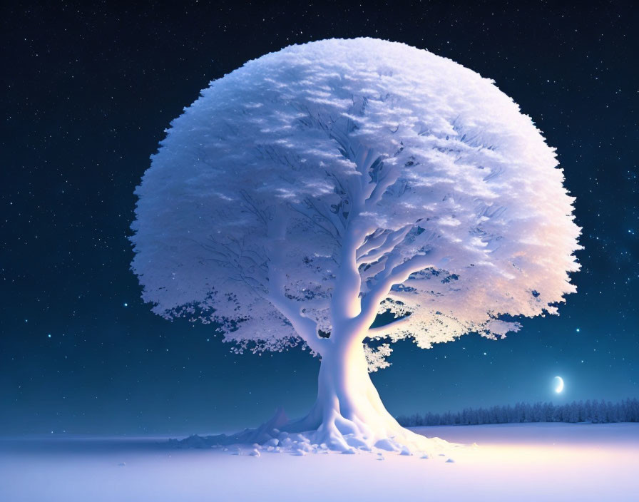 Snow-covered tree under crescent moon on tranquil night sky