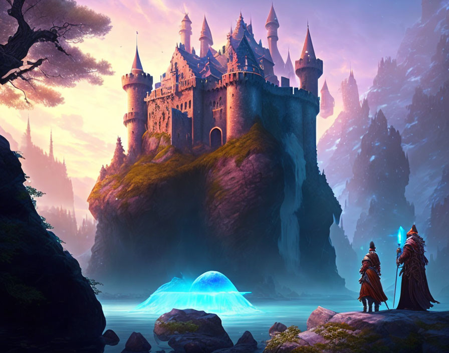 Majestic castle on cliff with cloaked figures and glowing orb at twilight