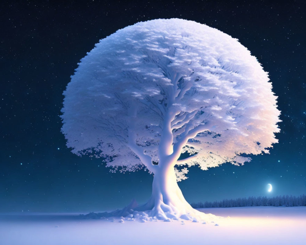 Snow-covered tree under crescent moon on tranquil night sky