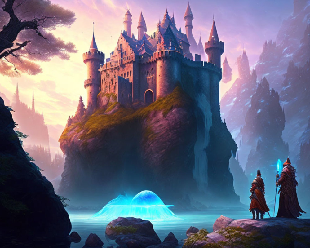 Majestic castle on cliff with cloaked figures and glowing orb at twilight