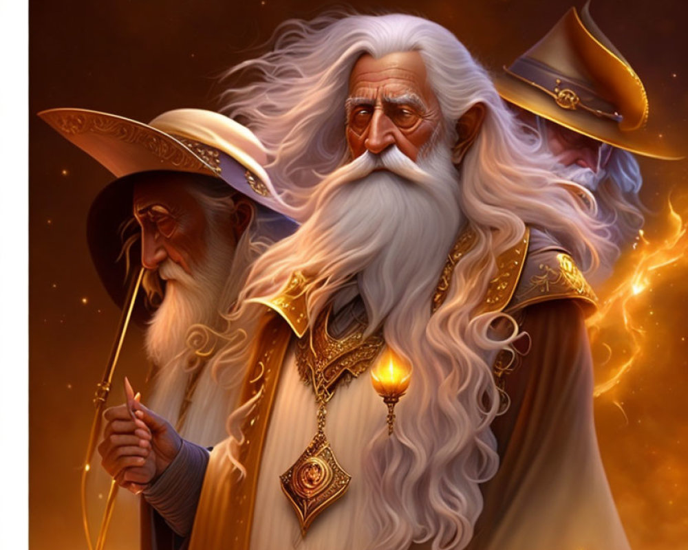 Elderly Wizards in Ornate Robes with Staffs and Magic