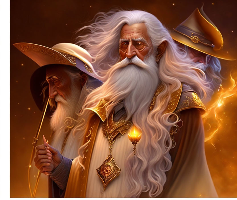 Elderly Wizards in Ornate Robes with Staffs and Magic