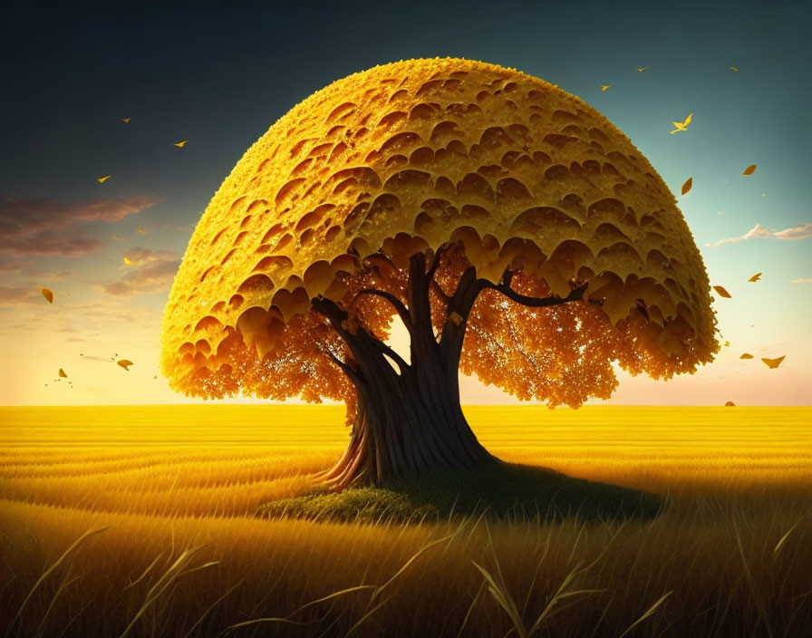 Surreal tree with crumpet-shaped canopy in golden sky at sunset