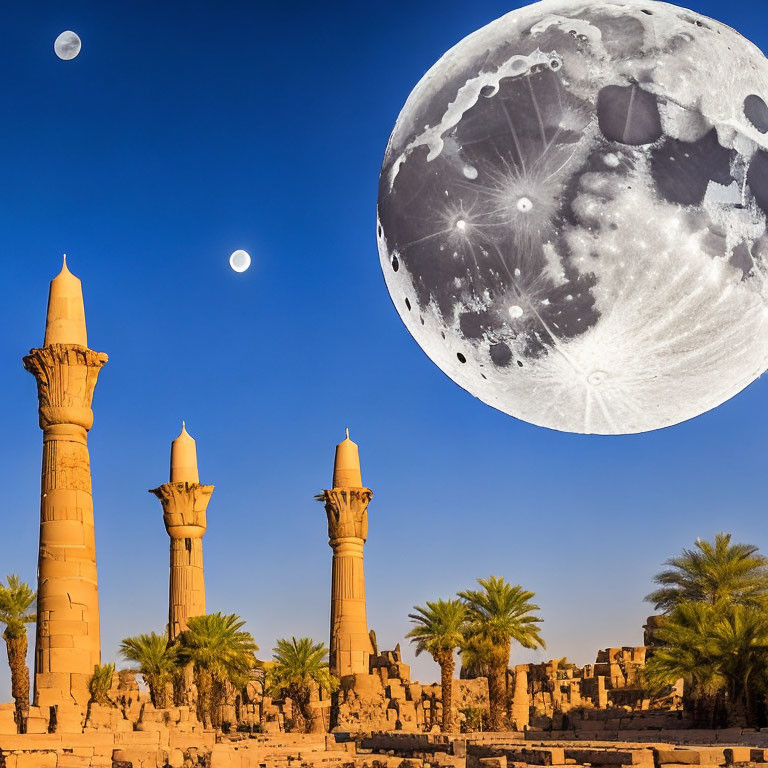 Ancient Egyptian temple ruins under dramatic sky with oversized and smaller moons.