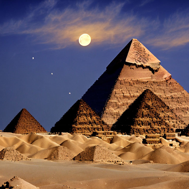 Ancient Egyptian pyramid landscape under full moon