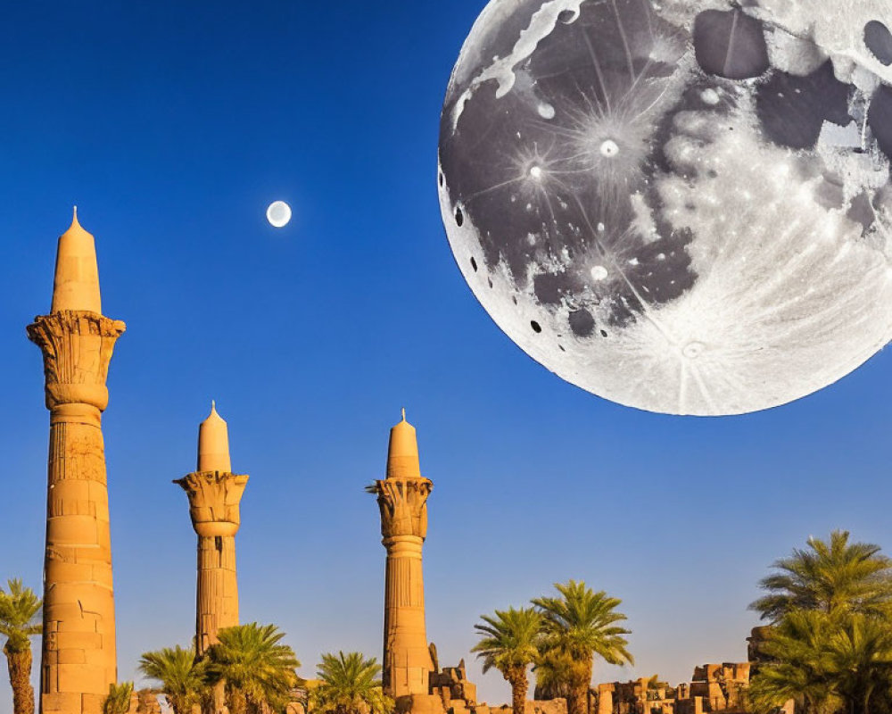 Ancient Egyptian temple ruins under dramatic sky with oversized and smaller moons.