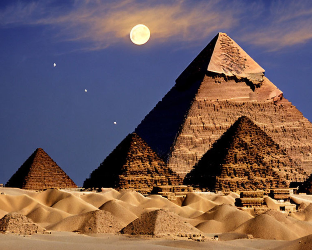 Ancient Egyptian pyramid landscape under full moon