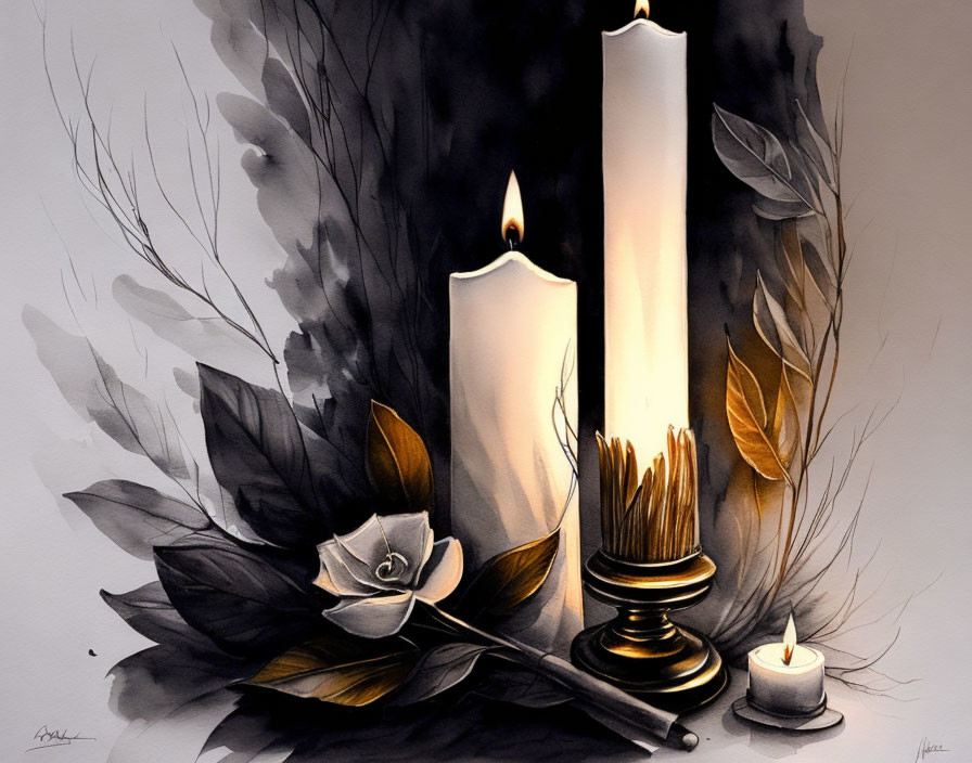 Burning candles, extinguished one, rose, and dark foliage scene