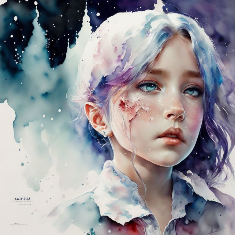 Young girl watercolor portrait with blue eyes and cosmic patterns.