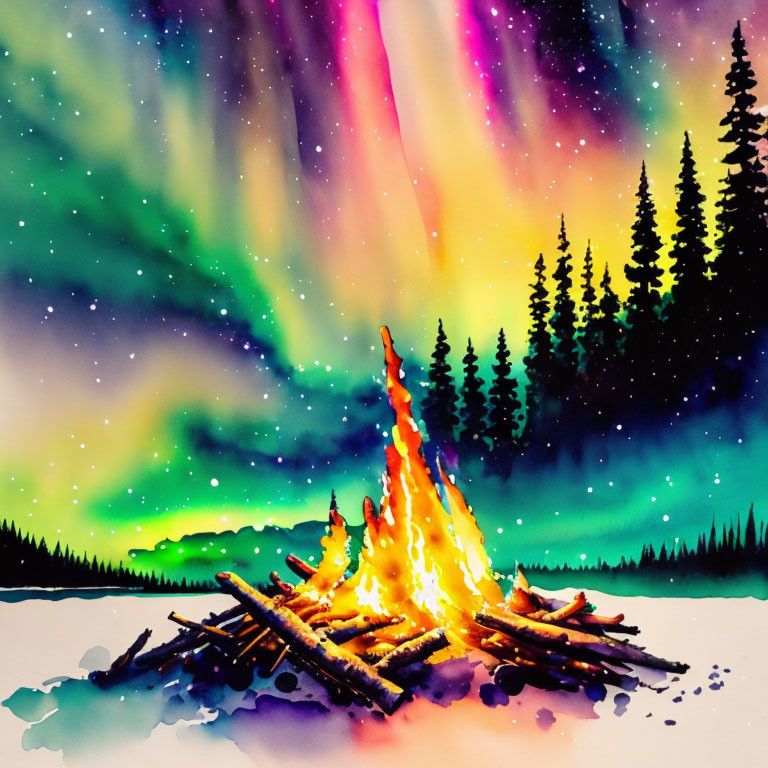 Colorful aurora borealis over pine trees and campfire