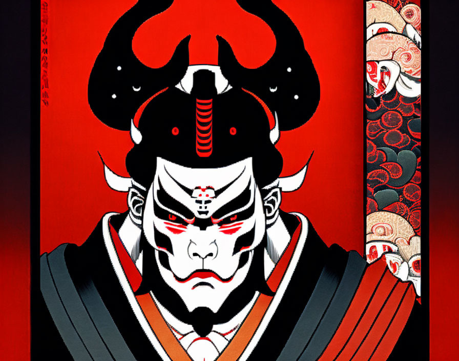 Traditional Japanese Kabuki actor with red and black makeup and samurai helmet on red background