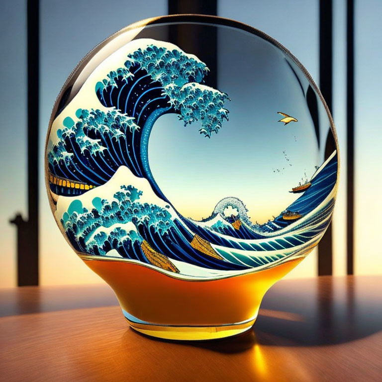 Stylized blue wave in glass sphere against sunset backdrop