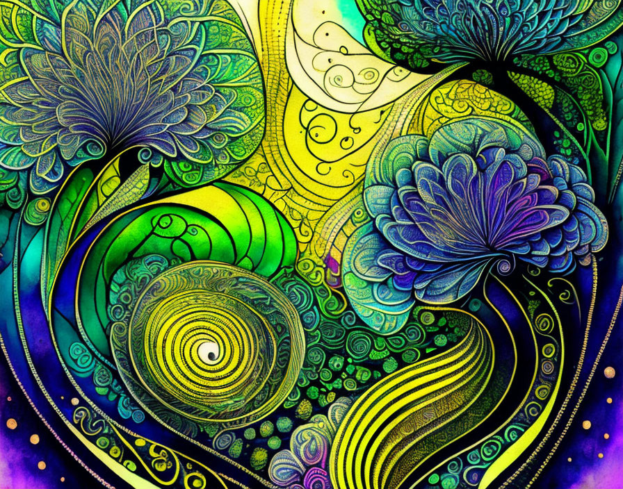 Colorful Abstract Artwork: Intricate Patterns in Blues, Greens, and Purples