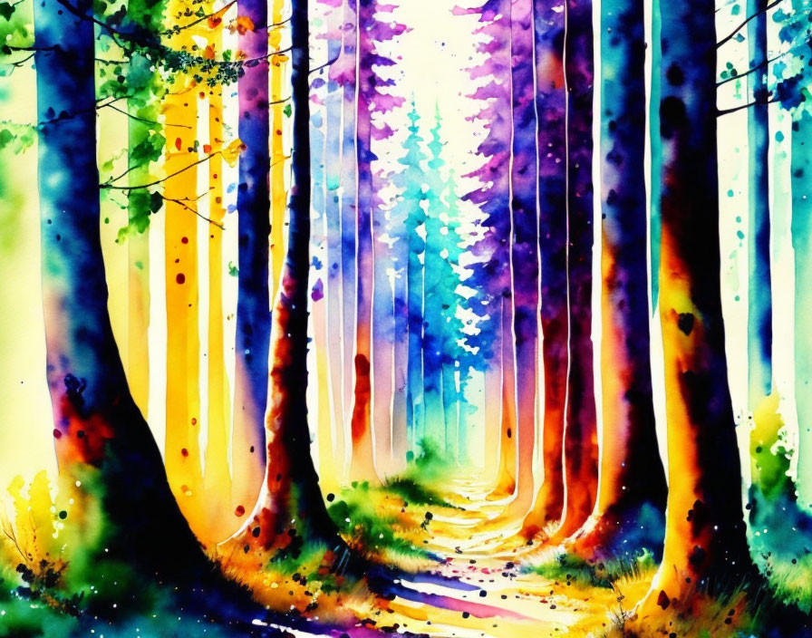 Colorful Watercolor Painting of Whimsical Forest Path