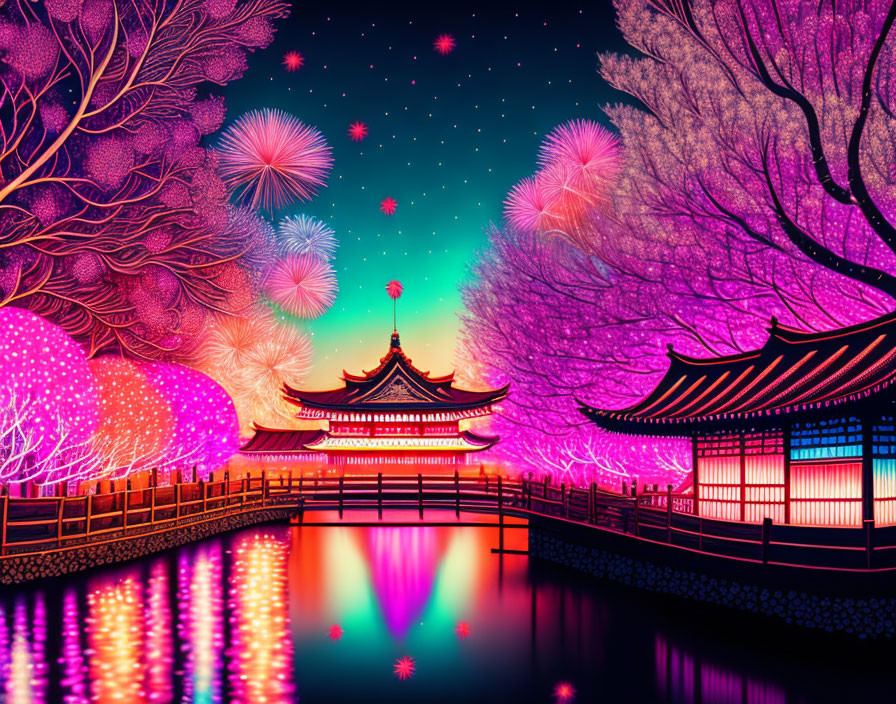 Colorful Asian scene with pagoda, fireworks, blossoming trees, and water reflection