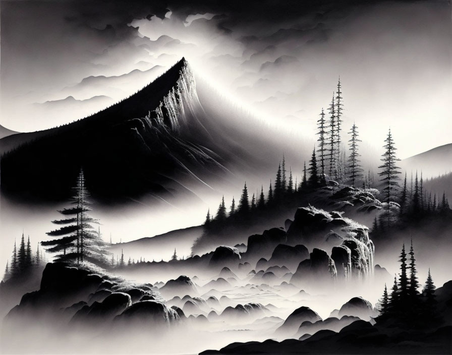 Misty monochrome mountain landscape with pine trees and cloudy sky