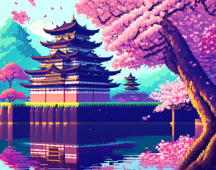 Vibrant pixel art: Cherry blossoms, river, pagoda at dusk