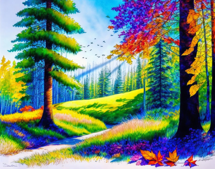 Colorful Autumn Forest Scene with Birds and Clear Blue Sky