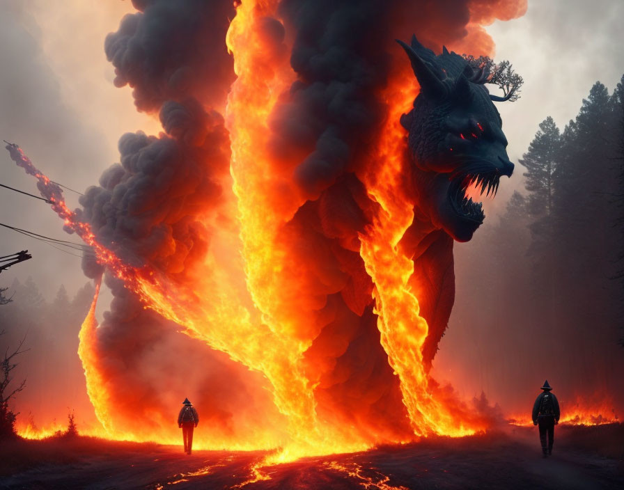 Majestic dragon surrounded by flames in forest scene with two figures.