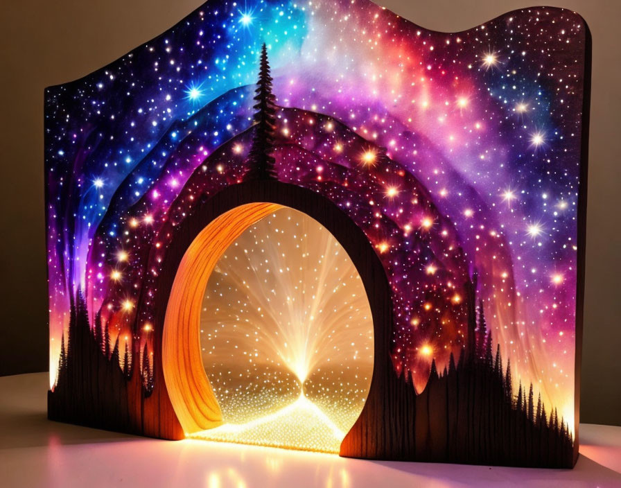 Colorful paper art of starry night sky with illuminated pathway and silhouetted trees